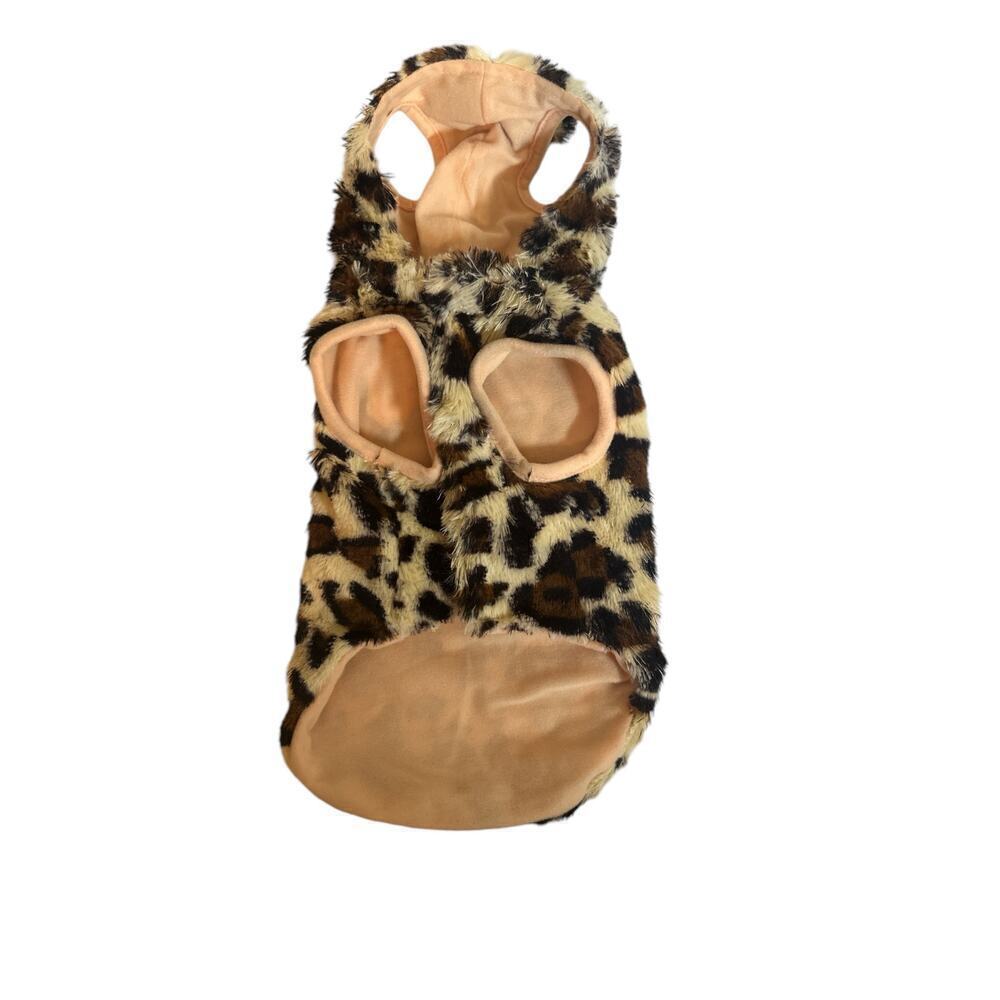 Leopard Print Dog or Cat Plush Lined Hooded Jacket / Costume Size S Cream Black